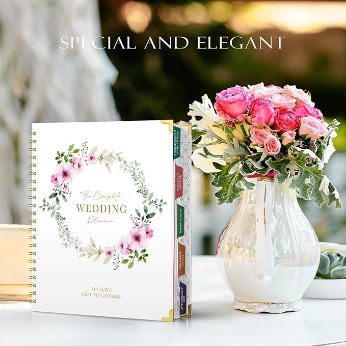 Wedding Planner for Bride - Wedding Planning Book and Organizer, 8.5" x 11" with Tabbed Sections, Metal Corner, 5 Inner Pockets, Sticker, Wedding Countdown Calendar