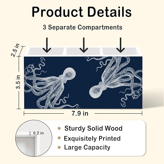 Navy Blue Octopus Pen Pencil Holder for Desk, Coastal Octopus Office Desk Accessories, Nautical Octopuses Gifts Pen Holders Organizer for Classroom Bathroom Kids Women, Navy Blue Office Decor