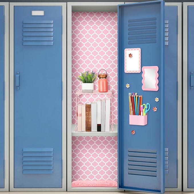 Eaasty 16 Pcs Pink Locker Accessories for Girls Locker Organizer Decorations Includes Shelf Wallpaper Magnetic Whiteboard Mirror Marker Rug Flower Magnets for Back to School Work Gym(Pink Quatrefoil)