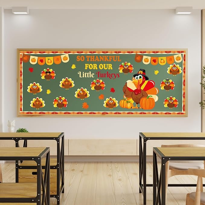 Thanksgiving Fall Bulletin Board Decorations – DIY Turkey Photo Crafts with Pumpkin “So Thankful for Our” Paper Cutouts Set for School, Classroom, Autumn Wall Door