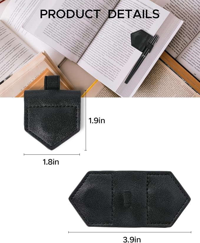 Magnetic Leather Bookmarks with Pen Holder Vegan Leather Book Marks Gifts for Reading Book Lovers Notebook Travelers (Black-2PC)