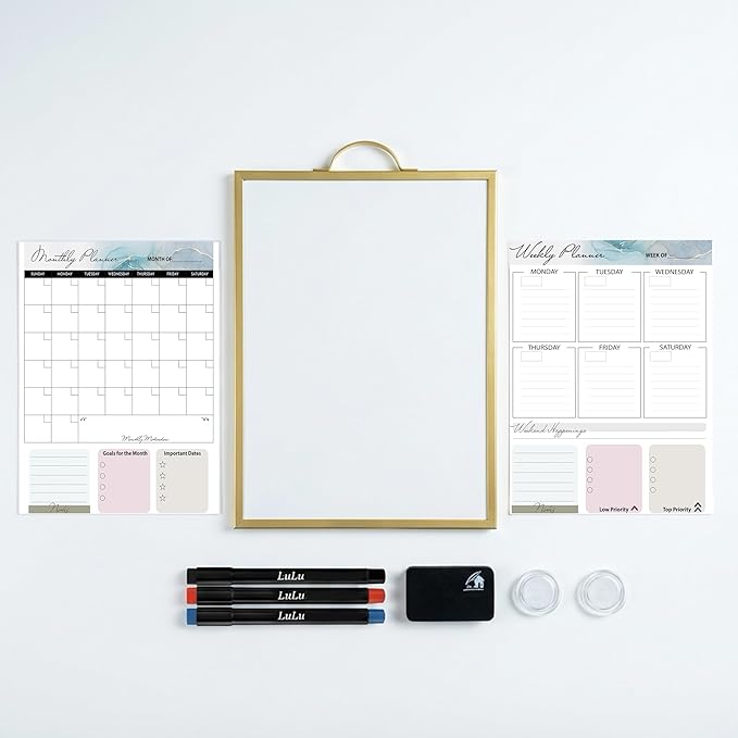 Gold Magnetic Dry Erase Whiteboard 12 x 16 Double Sided, Portable Planner Board with Weekly Monthly Sheets, Write and Wipe to Do List Board, Includes 3 Markers Eraser 2 Magnets