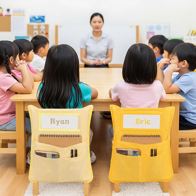 36pcs for Classroom 16.3x19.7inch Classroom Chair Pockets with Name Tag 3 Pockets Chair Organizer for Teacher Student School Office(Pink Purple)