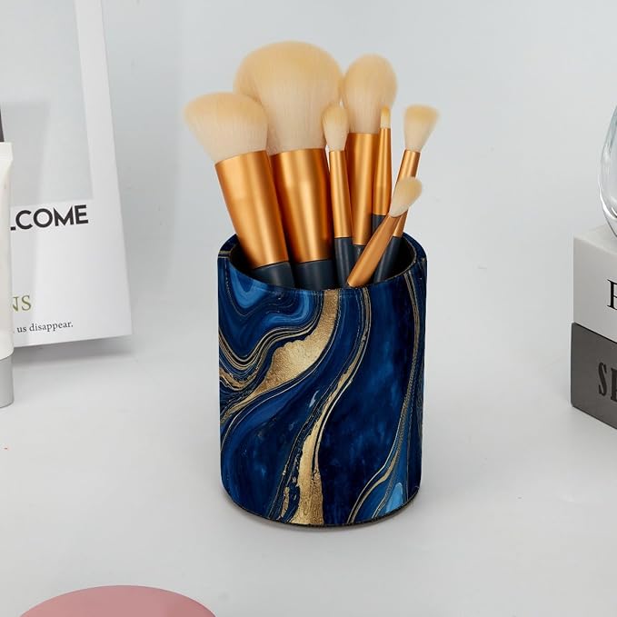 Leather Pen Holder for Desk, Blue Gold Marble Makeup Brushes Holder Pencil Cup Multifunctional Desktop Organizer Caddy for Home School Office Desk Accessories