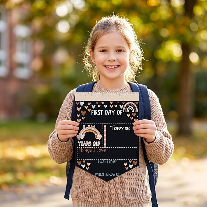 First and Last Day of School Chalkboard Sign 13.8 x 10 Inch Reusable Double Sided First Day of School Sign for Graduation Kids Preschool Kindergarten(Rainbow Hearts Style)