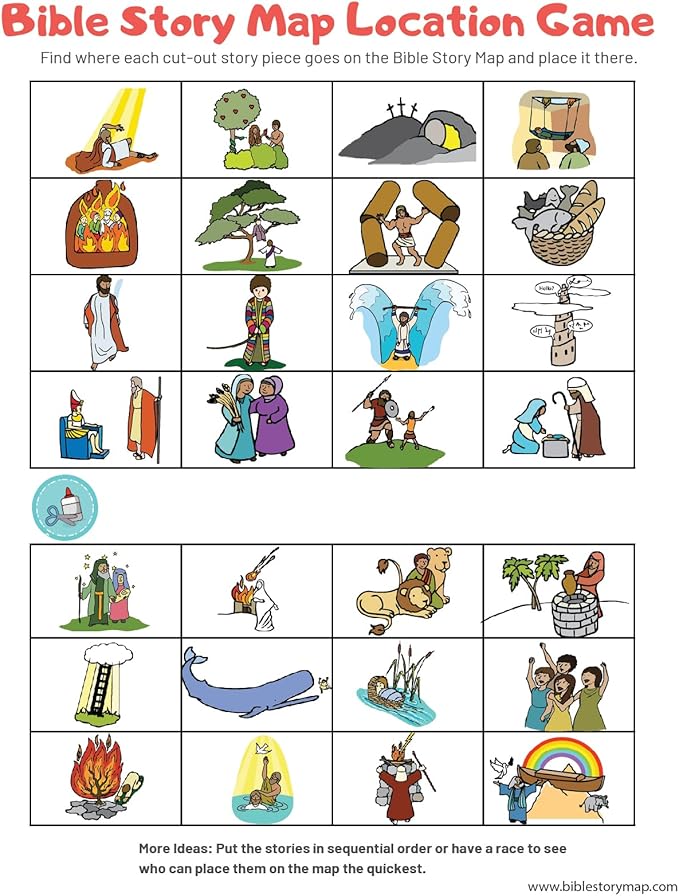 Bible Story Map Poster for Kids, Laminated 17.5" x 24" – 70+ Illustrated Bible Stories for Kids, Classroom & Homeschool, Bulletin Board, Sunday School Educational Wall Chart + 4 Printable Worksheets