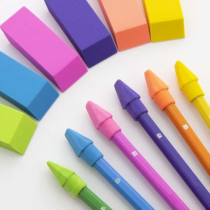 BAZIC Products Erasers + Pencil Top Erasers Set (12/Pack), Block Bevel Erasers Neon Color, Arrowhead Caps Tops, Latex Free, for Art Drawing School, 2-Packs