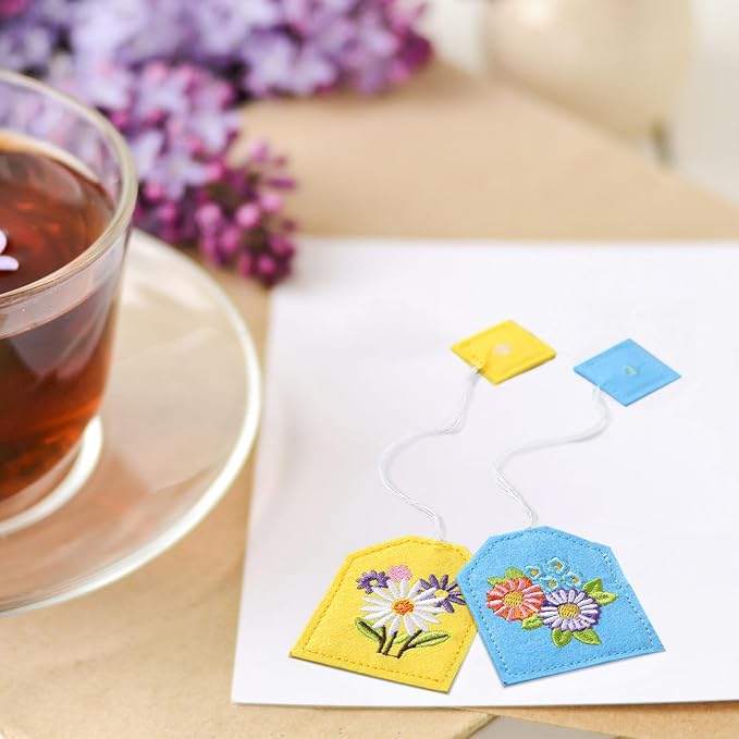 Honoson 6 Pcs Simple Tea Bag Bookmarks Tea Party Favors Floral Design Mother's Day Gift Bookmarks Cute Hand Embroidered for Women Mom Book Reading Lovers Spring Party Gift