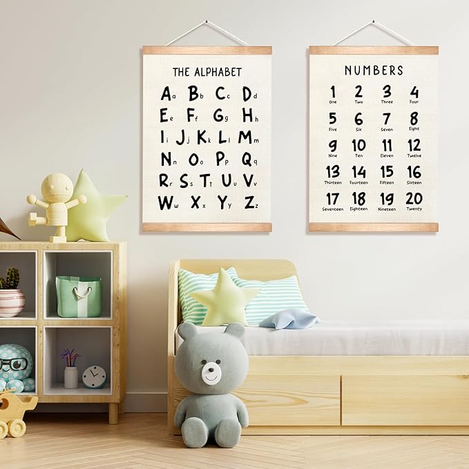 Alphabet and Numbers Educational Chart Set of 2 for Classroom Decor,Colorful Educational Poster for Toddlers 1-3,Toddler Learning Poster for Ages 3-5 for Nursery Playroom,Classroom Must Haves (Black Font)