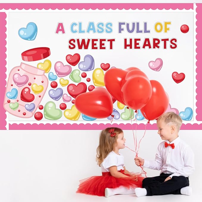 88Pcs Valentine‘s Day Bulletin Board Set Pink Heart Bottle Classroom Decorations Conversation Heart Paper Cutouts for Romantic Classroom Home Window Door Wall Decorations Party Supplies