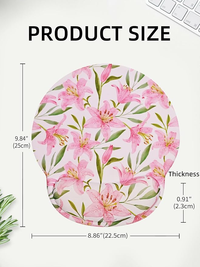 Lily Floral Mouse Pad Wrist Support Wrist Rest, Flower Ergonomic Mouse Pad with Non-Slip Base for Office Gaming Working Computers,Desk Accessories Pain Relief Mouse Mat, Pink Flower