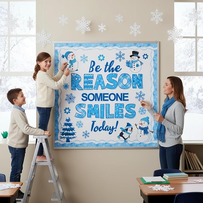 Pasimy Winter Bulletin Board Decorations January Bulletin Board Set Snowman Classroom Decor Be The Reason Someone Smile Cutouts Snowflake Border for Kindergarten Holiday Office Wall Door Supplies