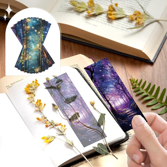 Wxiben Fantasy Forest Transparent Bookmark - 10 Pcs Starry Night Sky Transparent PVC Bookmark Moon Space Book Mark Page Clips Gifts for Women Men Book Lovers Teacher Bookish Reading Accessories