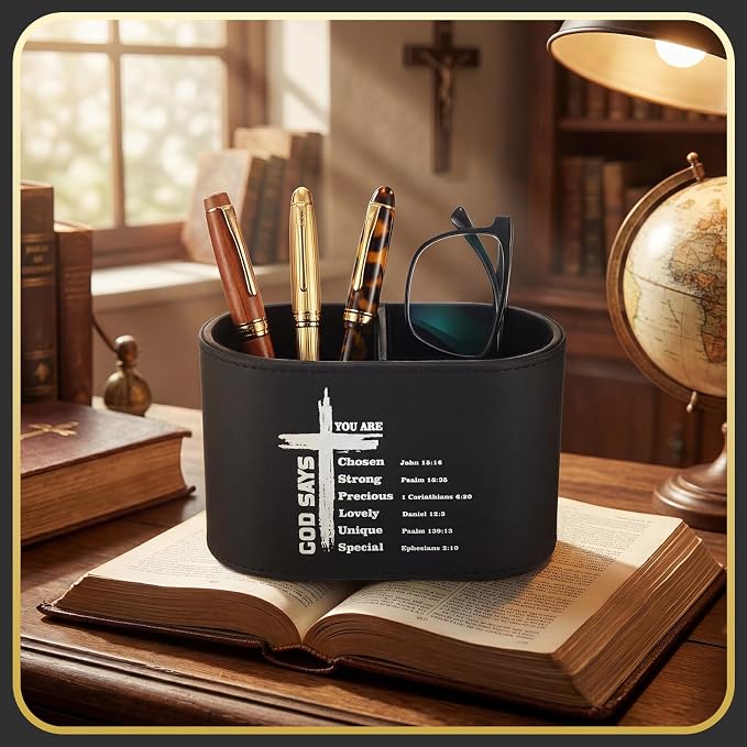 Dunzoom Gift for Father's Day Christian PU Leather Pen Holder for Desk, Bible Verse Pencil Cup Organizer, Religious Gift for Men, Pastor, Dad, Office Decor(God Says You Are Chosen)