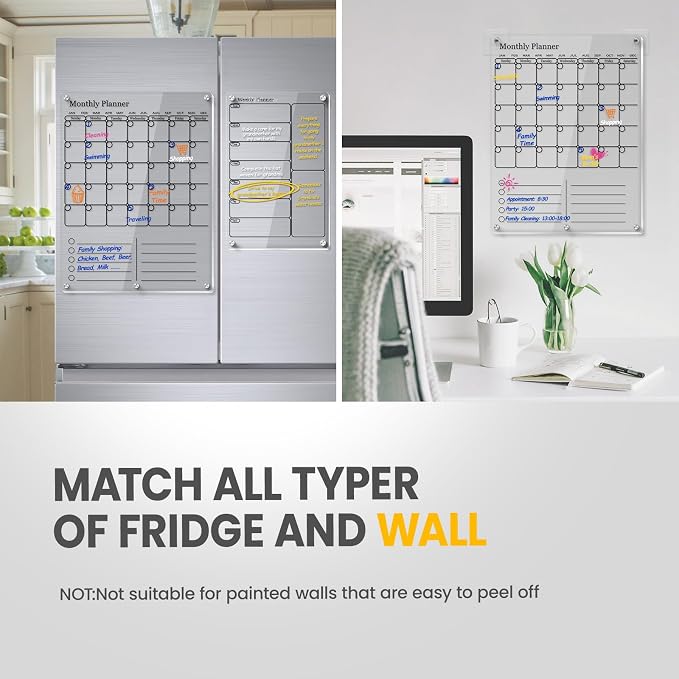IDEATECH Calendar 2025 Planner for Fridge & Wall, Acrylic Magnetic Calendars for Refrigerator, Clear Monthly Dry Erase Board to Do List WhiteBoard, Kitchen Menu Board Meal Planner(2 Pack, Black)