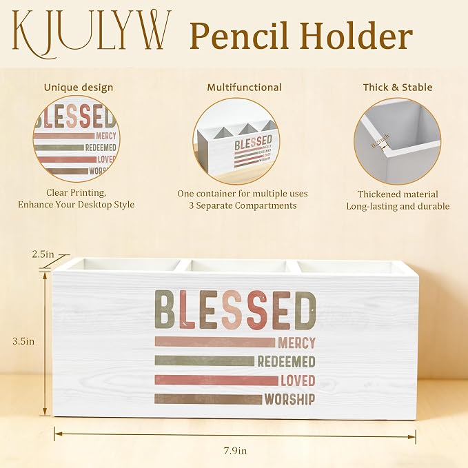 Boho Christian Pen Holder for Desk, Christian Gifts for Women Faith, Blessed Religious Bible Verse Wooden Box Pencil Pen Holder Organizer for Home Office Desk Accessories