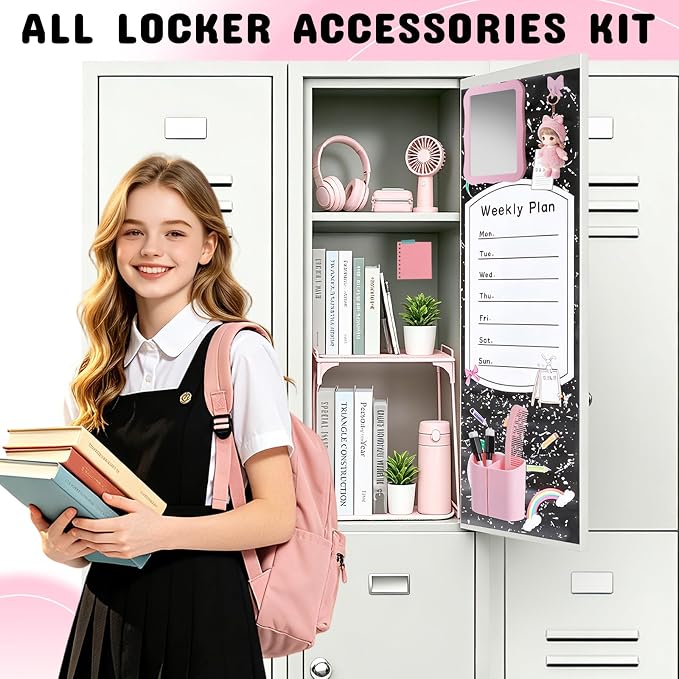 16 Pcs Locker Accessories Kit, School Locker Organizer Set with Shelf, Magnetic Mirror, Pen Holder, Whiteboard Marker, Plush Rug and Wall Decals (Pink)