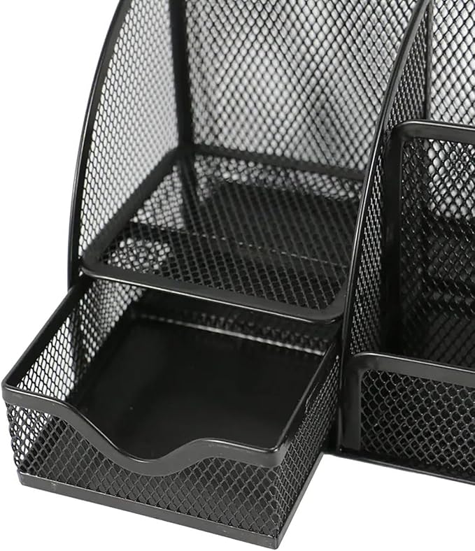 Desk Organizer and Pencil Case with Drawer and 6 Compartments in Black Metal Mesh. Space-Saving Desk Organizer for Pens, Pencils, Sticky Notes, Clips and Staplers