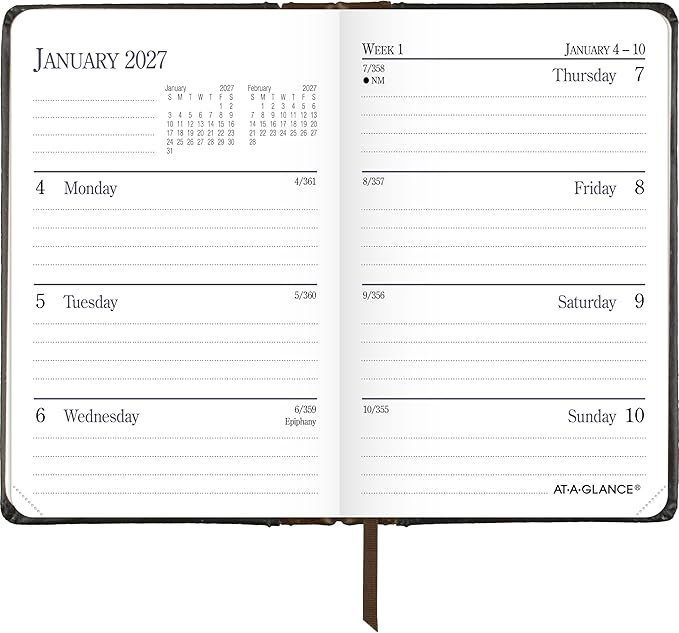AT-A-GLANCE 2027 Planner, Weekly & Monthly, 2.75" x 4.25", Pocket Size Fine Diary, Faux Leather Hardcover, Black Brown (74010527)