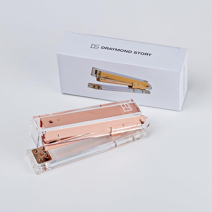 Rose Gold Desk Accessories Acrylic Stapler by DS DRAYMOND STORY - Full Sets Golden Desktop Stationery - Unique Gift Package