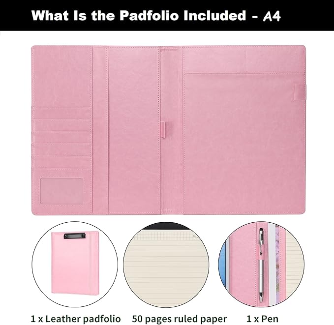 Wonderpool A4 PU Leather Clipboard Partfolio Notepad Forms Holders Document Case - Interview Planner Meeting Writing Padfolio File for Office Travel School Hotel Hospital (A4,Pink)