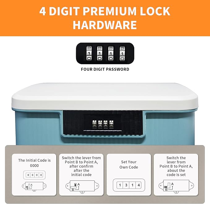 RUIAN Lockable Storage Container Bin, 2.3 Gallon Security Portable Combination Lock Plastic Box, Locked Security Box Suitable for Storing Important Items and Documents (White Blue)