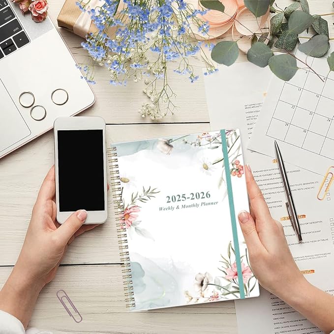 Planner 2025-2026 - 8.5" x 11" Weekly Monthly Planners from July 2025 to June 2026, Acacemic Year Planner with 12 Monthly Tabs, Inner Pocket, Elastic Closure, Pink Flower