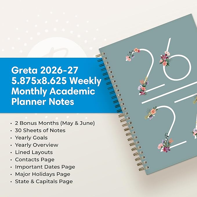 Blue Sky 2026-2027 Weekly and Monthly Academic Year Planner Calendar, July 2026 - June 2027, 5.875" x 8.625", Flexible Cover, Wirebound, Laminated Tabs, Includes Extra 30 Sheets of Notes, Greta