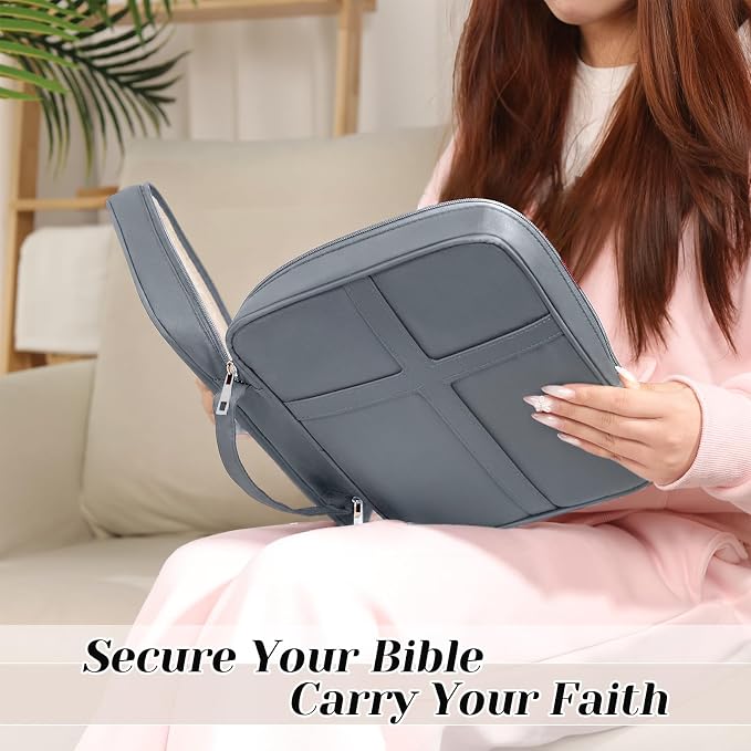 XKDOUS Large Bible Cover, Bible Bag with Handle, Durable Cross Design Bible Case with Bible Accessories, Bible Cover Case for Women and Men, Christian Gift (Gray)