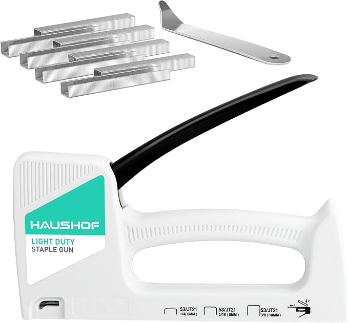 HAUSHOF Light Duty Staple Gun, Upholstery Staple Gun with 800PCS JT21 Staples and Stapler Remover, Fits JT21 Staple of 1/4'', 5/16'' & 3/8'', Used for Wood, Classroom, Crafts, DIY, Decoration (White)
