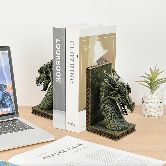 Dragon Bookends for Shelves Set of 2 - Heavy Book Ends Book Supports for Shelves, 4.15 "x 3.25 "x7 Unique Dragon Design Copper(10 Inch)