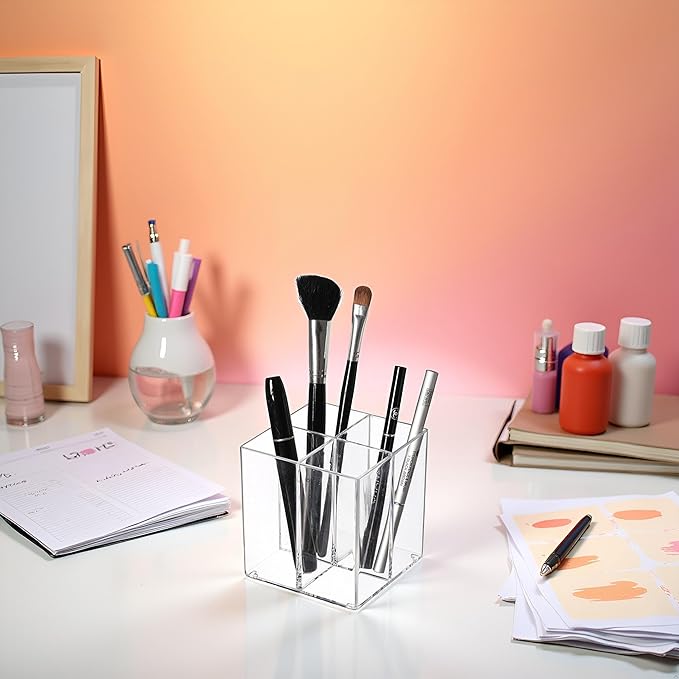 Clear Acrylic Pencil Pen Dry Erase Marker Holder Cup, Makeup Brush Holder Acrylic Desk Accessories, Plastic Silverware Utensil Holder for Office, Party Bedroom Bathroom Dorm (Clear, 4 Compartments)