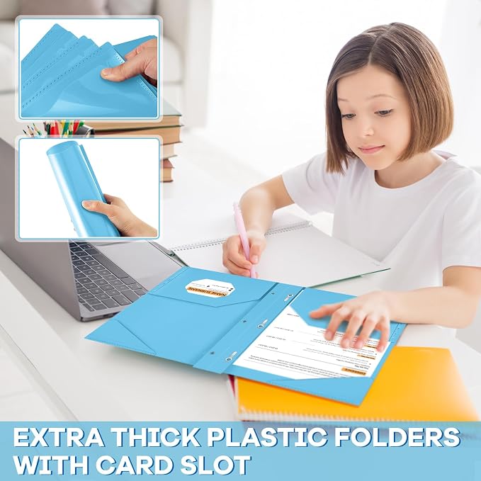 Henoyso 36 Pcs Plastic Folder with Clear Front Pocket and 3 Prong Plastic Folders with Card Slot Pocket Folders with Prongs for School Office (Light Blue)