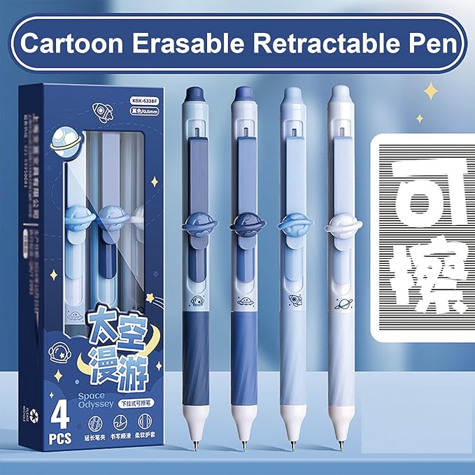 MOZXIRZ 4 Pcs Erasable Gel Pens Cute Retractable Pens Cartoon Space Erasable Pen 0.5mm Black Ink Kawaii Writing Pen for Women Office School Supplies (Space-Black Ink)