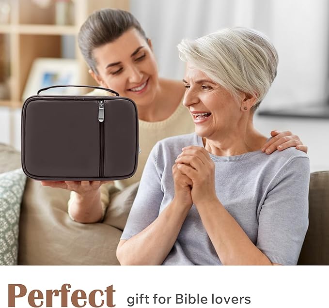 Small Bible Cover Case for Women and Men, 9x6 PU Leather Bible Sleeve, Compact Travel Bible Carrier Bag with Front Pen Holders, Zipper Closure, Inner Pockets - Coffee Brown