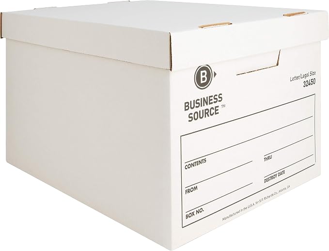 Business Source 32450 Storage Boxes, LTR/Legal, 400 lb, 12-Inch x15-Inch x10-Inch, 12/CT White