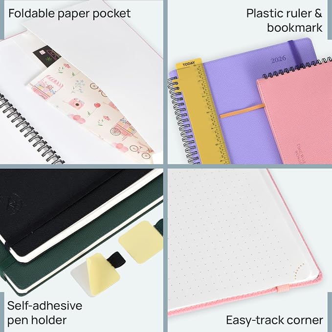 POPRUN Pocket Planner 2026 (Jan-Dec), Small Size-4'' x 6.25'', 12-Month Horizontal Weekly Notebook, 2026 Pocket Calendar Book with Monthly Tabs, Spiral Soft Cover, Inner Pocket, 100 GSM - Midnight Green