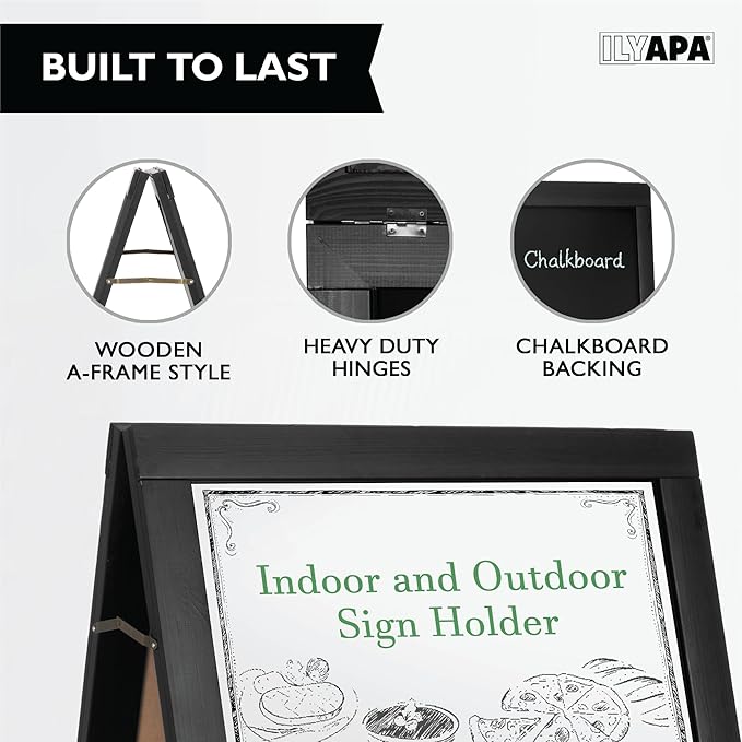 Ilyapa 2 in 1 A Frame Sign Holder and Chalkboard Easel - Dual Sided Magnetic Chalk Board Easel Sign - Display for Businesses and Vendors Outdoor - 28x41 - Black