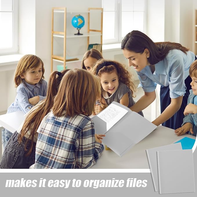 Gueevin 72 Pack Plastic Folder with Pockets, 2 Pocket Folders, Plastic Glossy Folders Fit Letter Size Paper, Heavy Duty Durable File Folder with Business Card for Home Office School (Light Grey)