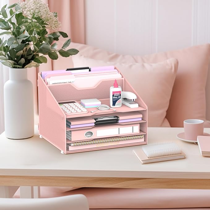 Desk File Organizer, Paper Organizer with 4 Letter Trays and 2 Vertical Upright Sections, Desk Organizers and Accessories for Office, School, Home (Pink)