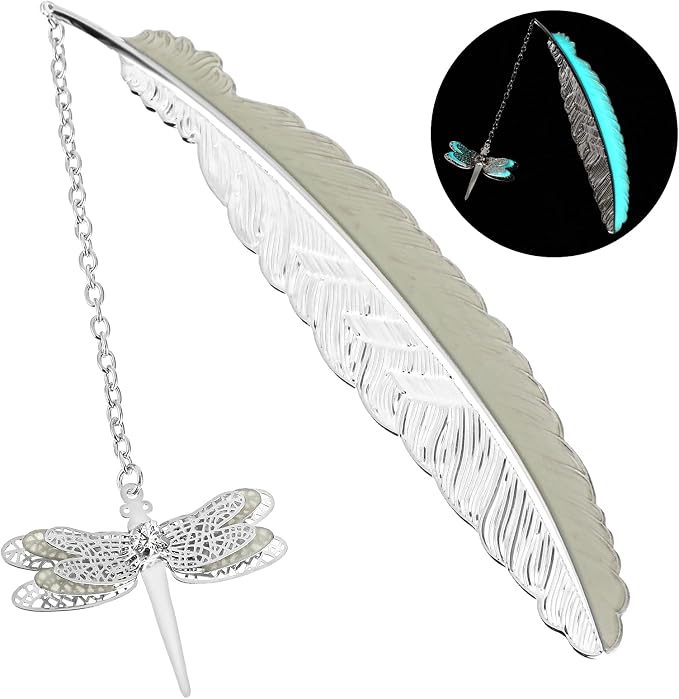 Jeffdad Feather Metal Bookmark with 3D Dragonfly Pendant, Glow in The Dark Butterfly, Fantasy Gifts for Women Girls, Cool Bookmarks for Book Lovers (Silver Dragonfly)