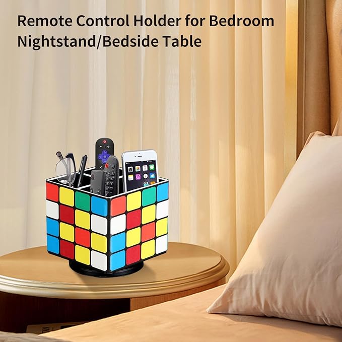 YAPISHI Remote Control Holder, 360° Swivel TV Remote Holder for Table, PU Leather Remotes Caddy, Nightstand Organizer for Media Controllers/Makeup/Office Supplies, Bedside Decorations for Living Room