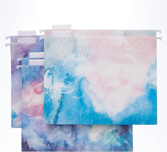 Y YOMA 6 Pack Decorative Hanging File Folders Letter Size Marble Cute Hanging Folder Pretty File Folder Organizer for Filing Cabinet Office Home with 1/5-Cut Adjustable Tabs, 3 Pink Nebula Design