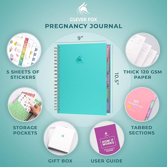Clever Fox Pregnancy Journal & Memory Book - Pregnancy Planner & Notebook for Expecting Moms – Baby Keepsake, First Time Moms Gift (Turquoise, 9" x 10.5")