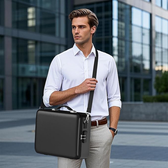Fireproof Document Box with Lock, Durable Hard Case File Organizer Fire Safe Box, Hard-Shell Design Waterproof Fireproof Safe Important Document Organizer (Black with Shoulder Strap)