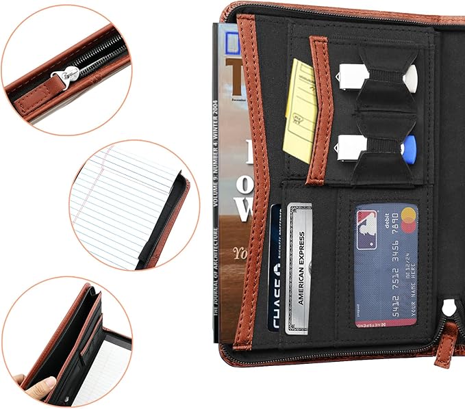 Junior Padfolio/Resume Portfolio Binder with Refillable Lined Notepad, A5 Padfolio Folder, Business Portfolio, Multi-Function Case, A5 Writing Pad Included,Brown.