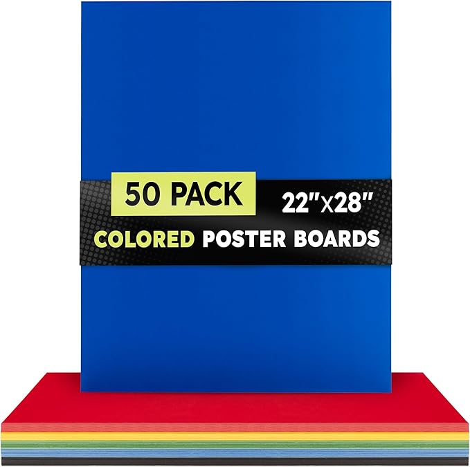 Hygloss Large Colored Poster Board 22x28-50 Assorted Standard Color Bulk Pack - Red, Yellow, Green, Blue, Black - 10 Pt. Thickness Poster Board Paper - Posterboard Multipack 22" x 28"