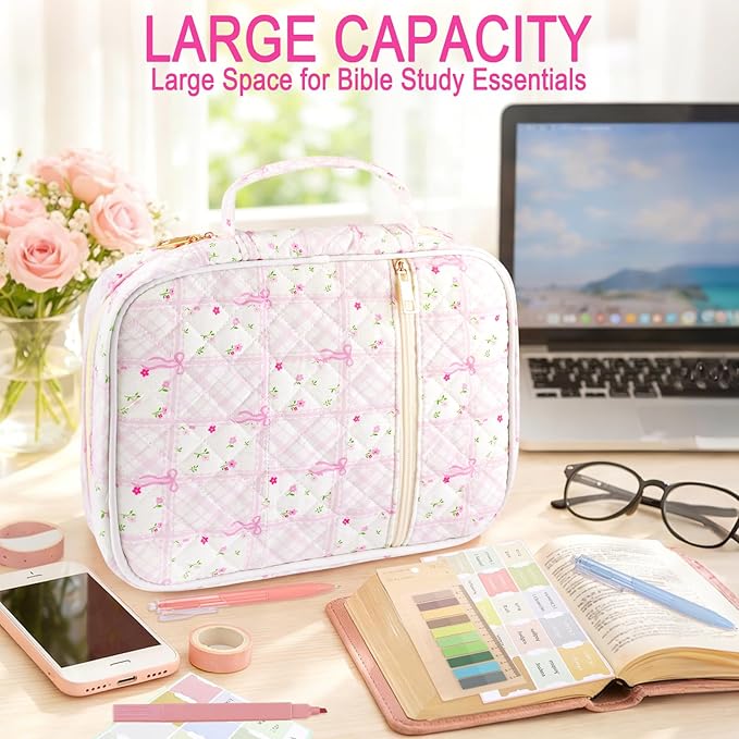 Zkptops Bible Cover Case for Women Large Bible Bag Cotton Quilted Bible Carrying Case with Zipper Pocket and Handle Carrying Book Cover for Christian Study Supplies Christian Gift(Bow Flower)