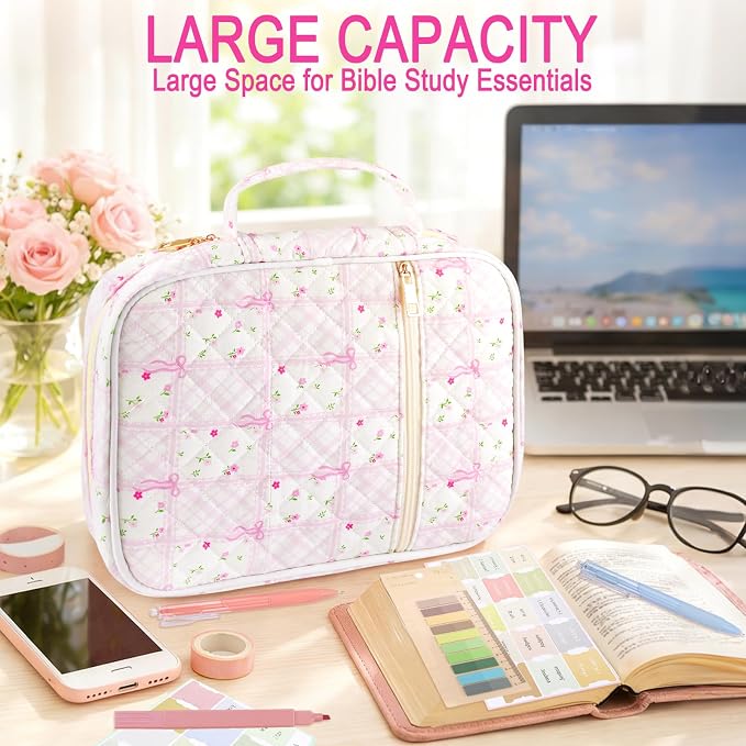 Zkptops Bible Cover Case for Women Large Bible Bag Cotton Quilted Bible Carrying Case with Zipper Pocket and Handle Carrying Book Cover for Christian Study Supplies Christian Gift(Bow Flower)