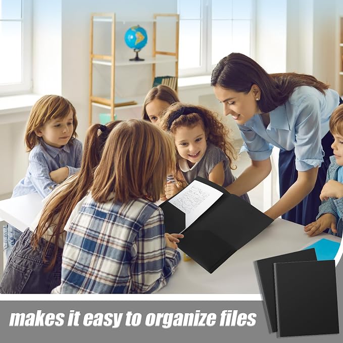 Gueevin 100 Pack Plastic Folder with Pockets, 2 Pocket Folders, Plastic Glossy Folders Fit Letter Size Paper, Heavy Duty Durable File Folder with Business Card for Home Office School (Black)